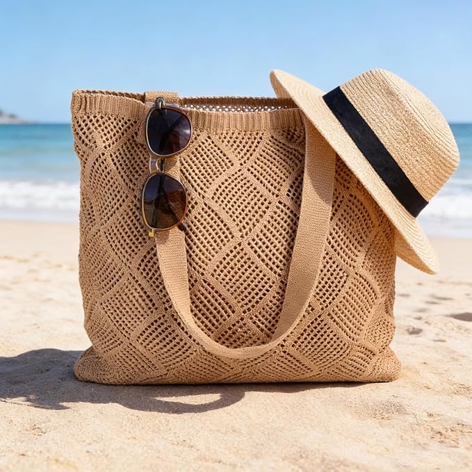 COOKOOKY Crochet Beach Tote bag Summer Beach Bag for Women Aesthetic Mesh Tote Bag Hippie Bag Knit Bag - Image 3
