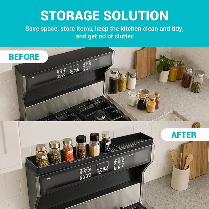 Silicone Over The Stove Shelf, 30 Inch Magnetic Stove Top Organizer - No Drill Space Saving Storage Rack for Spices & Kitchen Utensils, Perfect for Small Kitchen & Apartments （Black） - Image 3