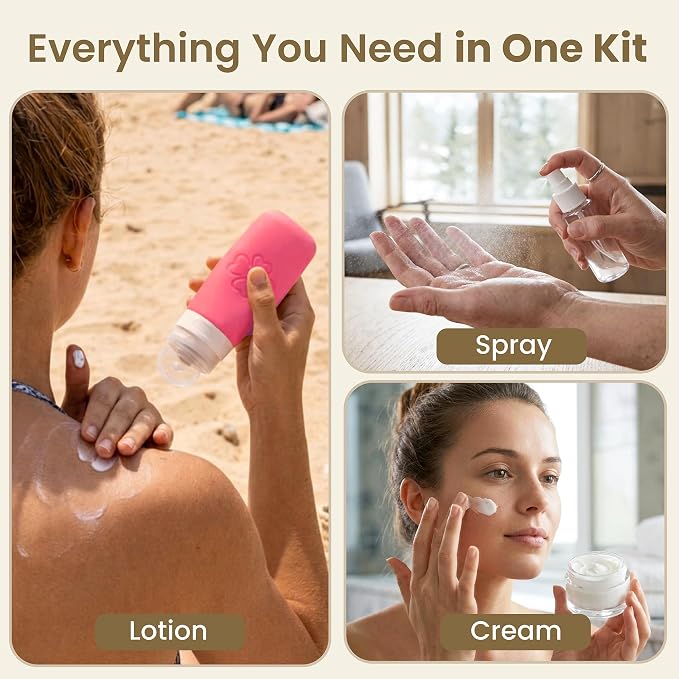 26-Piece TSA Approved Travel Toiletry Kit, Leak-Proof Silicone Refillable Bottles for Shampoo, Conditioner & Lotion, Travel Size Containers with Pill Organizer, Spray Bottle & Sewing Kit - Image 5
