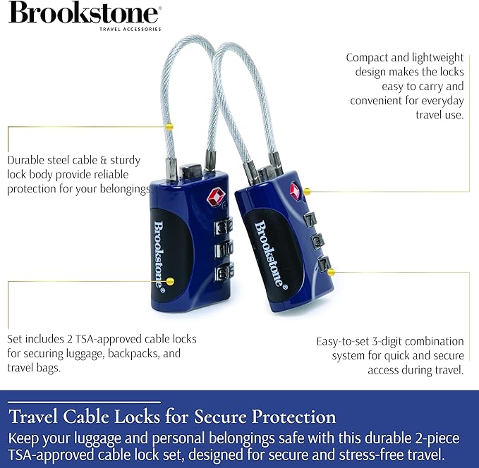 Brookstone Cable Luggage Locks, 2 Pack, TSA Approved, Resettable | 3-Digit Combination Lets You Set Your Own Code, Slim Design Threads Through Zippers or Straps, Great for Bags - Image 2