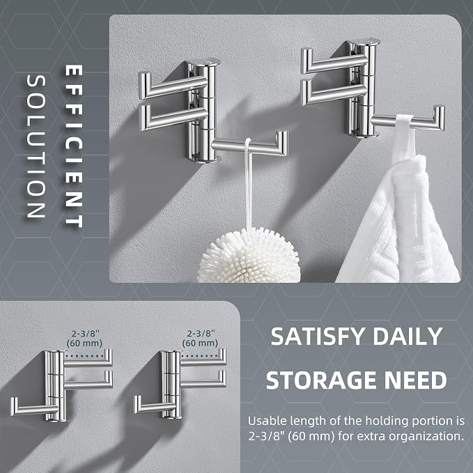 Angle Simple Swivel Towel Hooks, Robe Coat Hook 2 Pack, Polished Chrome | 304 Stainless Steel, Foldable Hand Towel Holder for Bathroom Kitchen Closet Cabinet, Compact Space Saver, Screws Wall Mount - Image 4