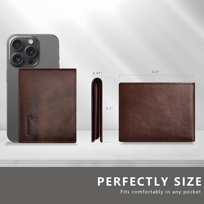 Travelambo Genuine Leather Wallet for Men with Gift Box - Handmade Bifold Stylish - Mens Wallets Rfid Blocking with 2 ID Windows - Image 6