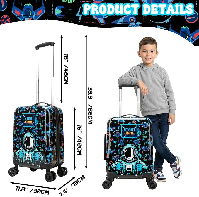 Kid's Luggage Set for Travel Toddler Suitcases with Wheels 2 Piece Boys Suitcase Set with Neck Pillow Hardshell 16" Carry on Hardside Luggage - Image 2
