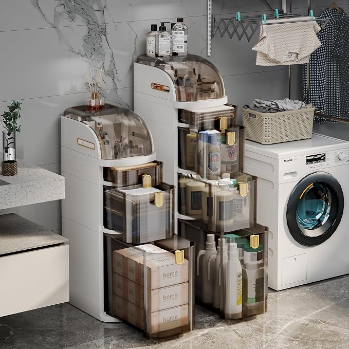 4-Tiers Slim Bathroom Storage Cabinet with Drawers & Tissue Box | Plastic Narrow Rolling Bathroom Tower Cart Waterproof & No Installation for Small Spaces Kitchen Laundry Living Room - Image 2