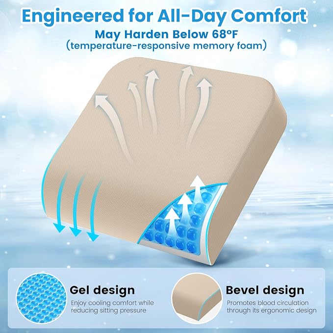 Wheelchair Seat Cushion for Pressure Relief, Cooling Gel Memory Foam Chair Cushion with Slope-Edge Design, Coccyx Support for Tailbone Pain, Non-Slip, for Wheelchairs, Office Chairs & Car Seats, Khaki - Image 5