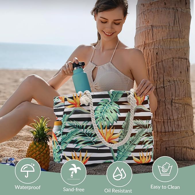 Clothirily Beach Bag for Women, Large Beach Tote Bag Waterproof with Zipper | Large Capacity Swim Pool Bag, Inner Pockets, Sandproof Foldable Beach Tote for Travel Essentials - Image 5
