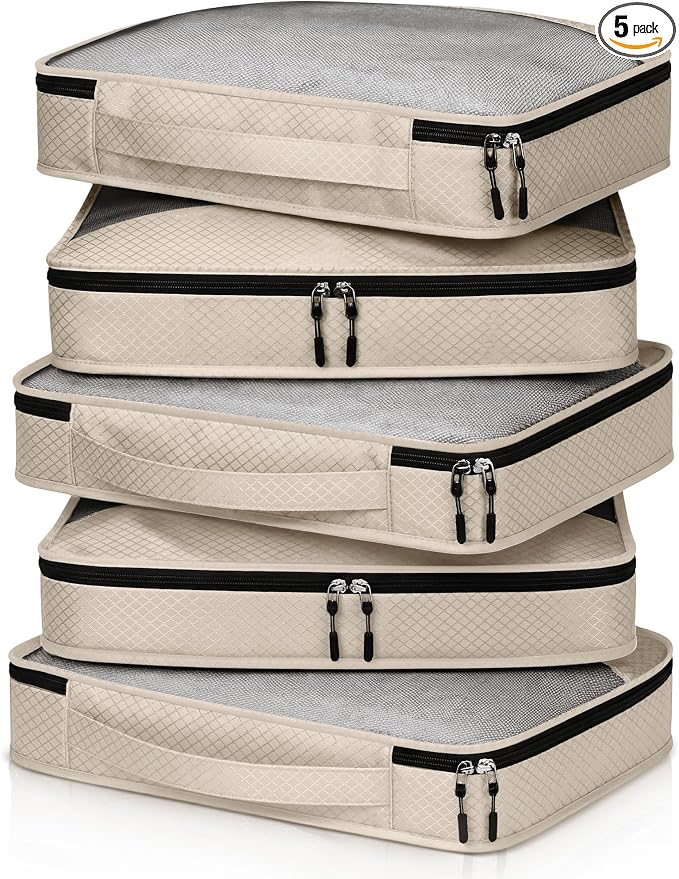 5 Pcs Packing Cubes for Suitcase Large Travel Cubes Carry on Luggage Organizer Bags for Clothes Accessories(S,Khaki) by Bulyoou