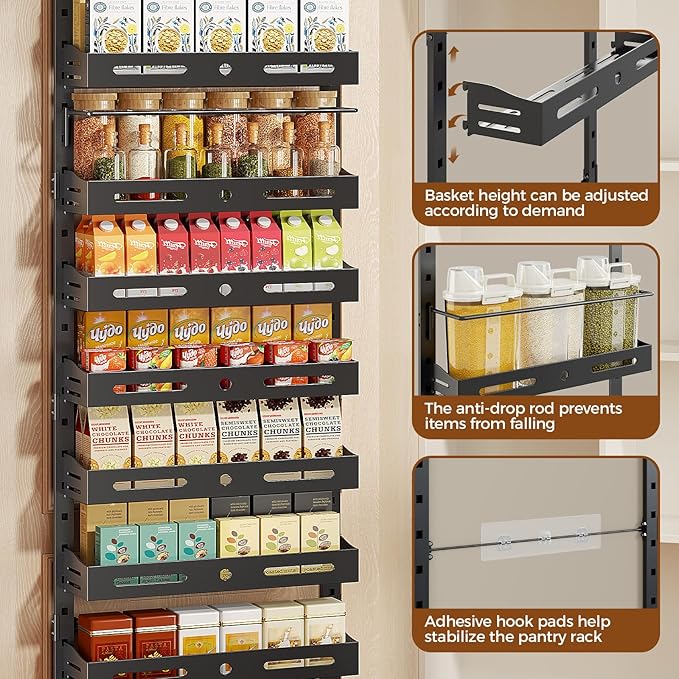 8-Tier Pantry Door Organizer, Large 2 IN 1 Wall Mount or Over The Door Pantry Organizer, Pantry Door Spice Rack with Adjustable Baskets, Over Door Organizer for Kitchen,（72.6×17.1×5.1in,Black) - Image 5