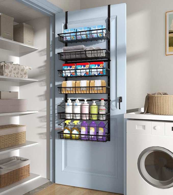 Mefirt Over The Door Pantry Organizer, Pantry Storage and Organization | 6-Tier Adjustable Hanging Baskets, Metal Wall Mount Spice Rack Seasoning Shelves for Home & Kitchen, Laundry Bathroom - Black - Image 8
