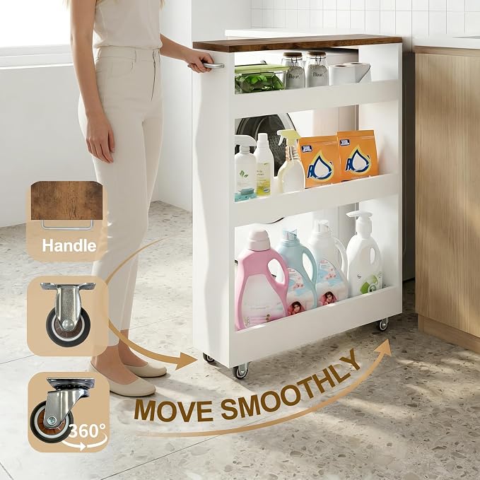 TEAMIX Wood 4-Tier Slim Rolling Storage Cart, 7.9"W, 24.8"D, 36.7"H, White | Height Adjustable, 360°Swivel Wheels, Deeper & Taller, Use as Narrow Kitchen Cart, Laundry Organizer Between Washer & Dryer - Image 3