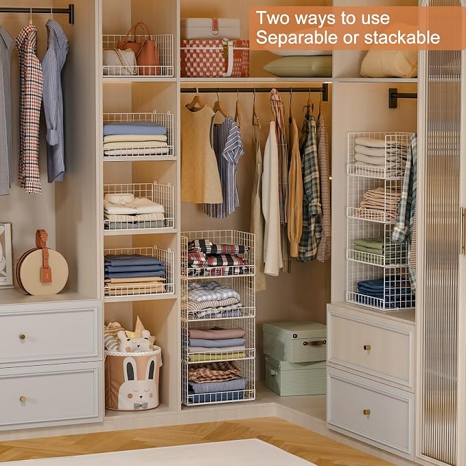 Yociyoga 4-Tier Stackable Closet Organizers and Storage Basket, Foldable Closet Shelf Organizer System, Space-Saving Clothes Storage Drawer Organizer for Wardrobe, White (Patent 30022416) - Image 2