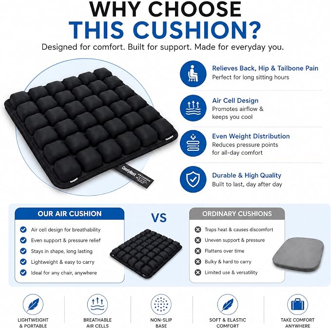 ComfyNest Inflatable Air Cell Seat Cushion for Airplane, Office Chair, Car | wheelchair Seat Cushion for Travel Black - Image 7