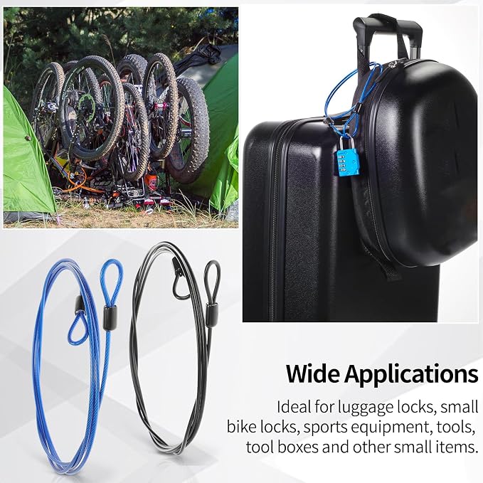 12 Pack Security Cable Luggage Lock with Loops 7 ft 3mm Braided Steel Coated Bike Cable Wire Double Loop Anti Theft Safety for U Lock, Padlock and Disc(Black,Blue) - Image 7
