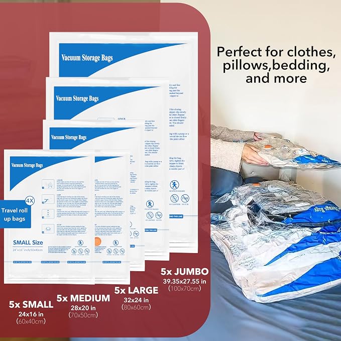 Vacuum Seal Bags for Clothing Travel & Home Storage, travel vacuum bags with pump, Store Blankets, Comforters, Pillows, Seasonal Clothes Compactly,24 Pack With Electric Pump - Image 2