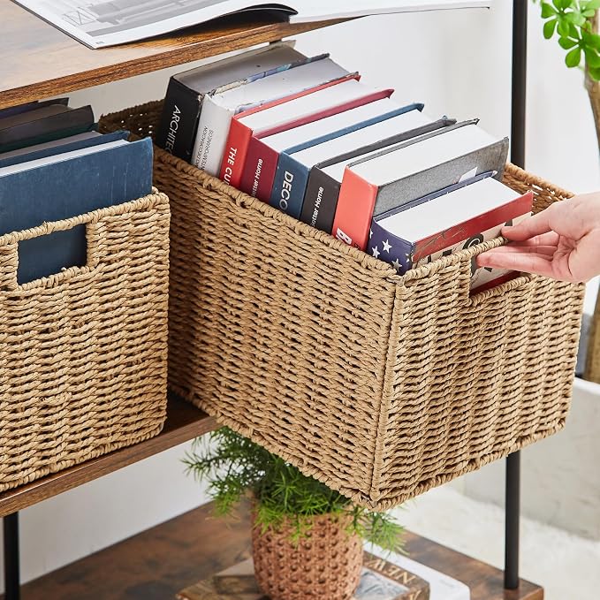 Wicker Storage Basket, Set of 2 Hand-Woven Paper Rope Wicker Basket, Small Storage Baskets for Organizing Toilet Paper Basket, Foldable Large Cube Storage Organizer Bins for Shelves (Natural) - Image 6