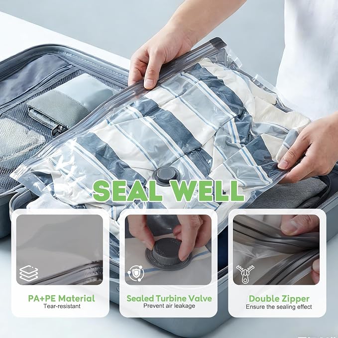 9 Pack Vacuum Seal Bags for Clothing Travel with -60000Pa USB Pump, Save 80% of Space for Clothes (9 Combo Size) - Image 5
