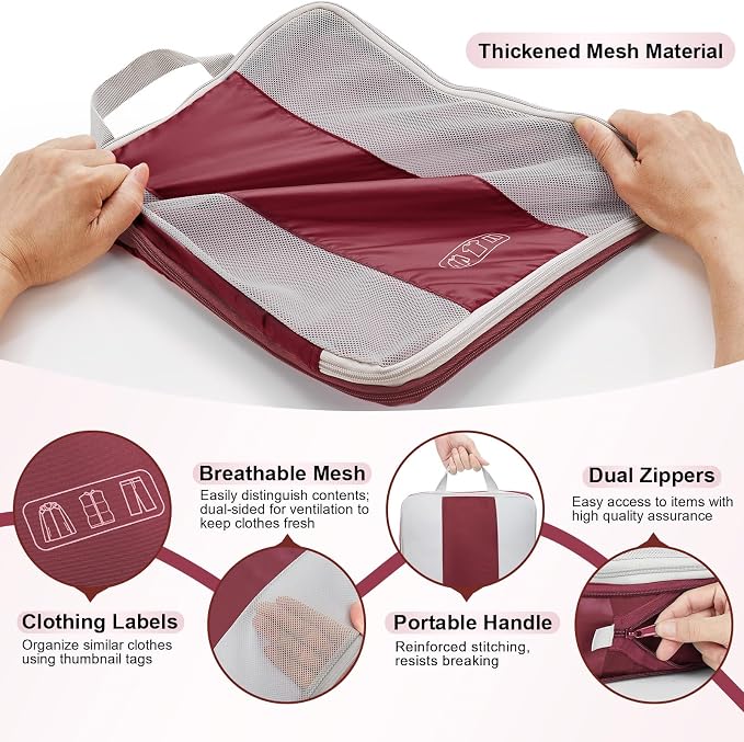 OlarHike 10 Set Compression Packing Cubes for Travel Essentials,Compressible Expandable Space Saver Bags for Organizing Clothes,Luggage Suitcase Garment Bags with Over 1000 pcs Mesh Holes(Wine Red) - Image 6