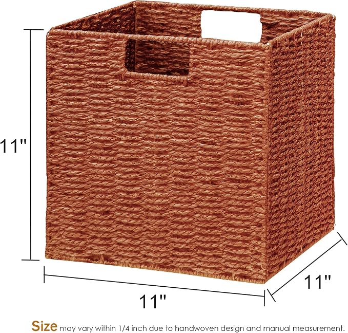 Wicker Storage Basket, Set of 2 Hand-Woven Paper Rope Wicker Baskets, Foldable Cube Storage Bins, 11 inch Storage Basket, Square Baskets for Organizing Shelves & Decor, Orange (11″×11″×11″) - Image 7