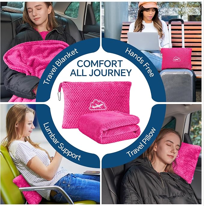 BEDELITE Travel Blanket with Bag, Jacquard Fleece Blanket 65"x40", Hot Pink | Ultra-soft Airplane Blanket, Luggage Sleeve & Backpack Clip, Travel Essentials for Women, Foldable as Pillow for Long Flight - Image 4