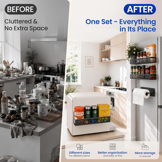 Magnetic Spice Rack with Paper Towel Holder,4 Pack refrigerator organizer | Space Saving Magnetic Shelf Storage,No Drill,Storage Spices, Snacks & Kitchen Essentials,Small Kitchen,Apartment or RV - Image 4
