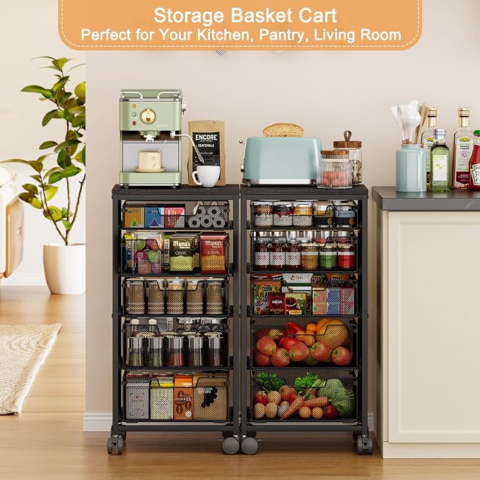Kitchen Storage Cart with Drawer, 5-Tier Fruit Vegetable Storage Cart, Kitchen Organizer and Storage Cart with Wheels, Wooden Top Metal Wire Pantry Storage Cart rack for Fruit Snack Onion Potato - Image 5