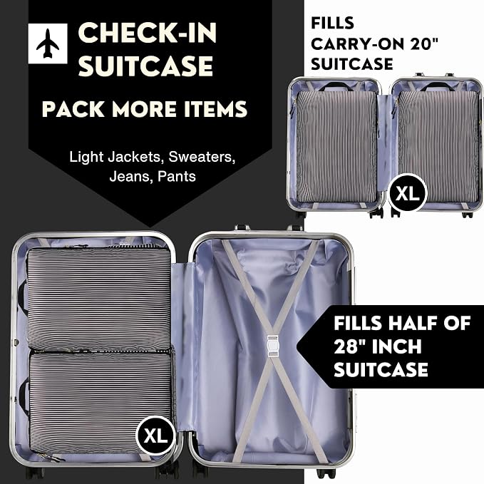 Extra Large Compression Packing Cubes for Checked Luggage, Lightweight Suitcase Organizers & Space Saver Bags - Travel Cubes for Packing - Travel Essentials - 2pc Set, X-Large - Black Stripe - Image 5