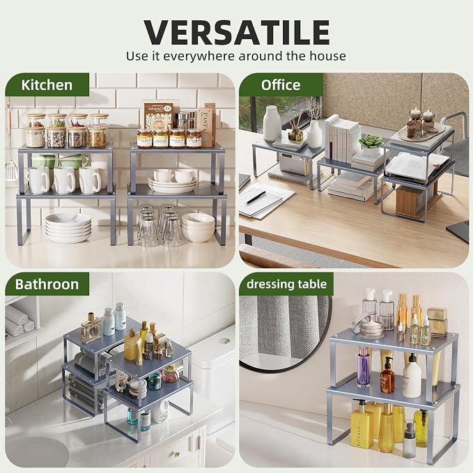 Simple Trending Cabinet Organizer Shelf, Set of 2 Kitchen Counter Shelves, Kitchen Storage, Stackable, Expandable, Metal Spice Rack for Cupboard, Bathroom, Desk, Pantry, Silver - Image 8