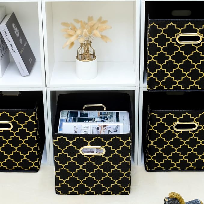 Fabric storage bins Cubes, Fabric Cube Organizer with Handle, Foldable Cube Bins for Cloth or Accessary Storage, 11x11x11, Set of 3, (Black Gold) - Image 5
