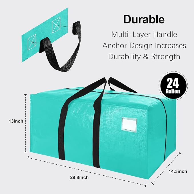 VELVETSURE 6 Pack Heavy Duty Large Moving Bags W/Backpack Straps - Strong Handles & Zippers, Storage Totes For Space Saving, Fold Flat, Alternative to Moving Box and Storage Bin, Aquamarine - Image 2