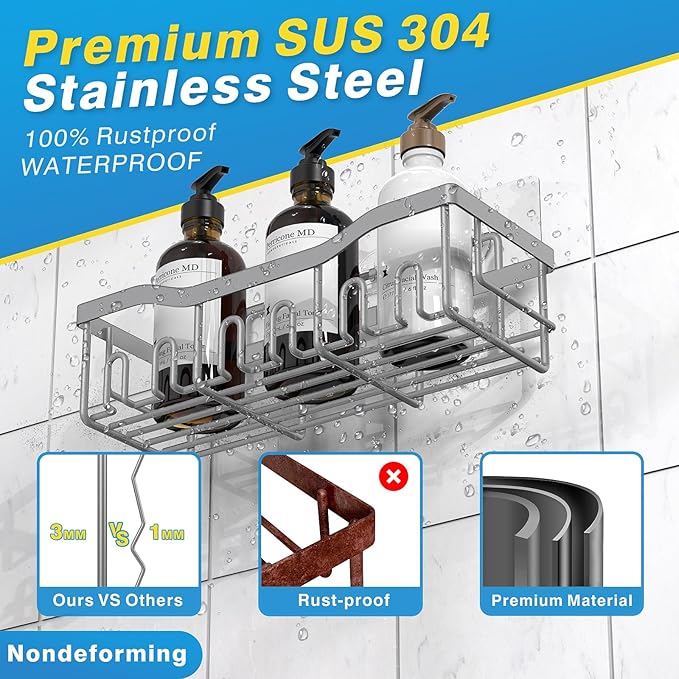 EUDELE Shower Caddy 2 Pack, Adhesive Shower Organizer for Home Decor & Kitchen Storage, No Drilling, Rustproof Stainless Steel Bathroom Shelf Organizer - Image 5