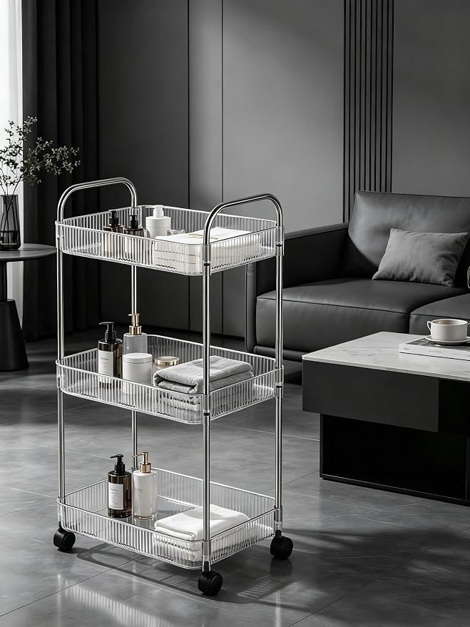 Sooyee Clear 3-Tier Plastic Rolling Utility Cart with Wheels | Multi-Functional Storage Cart Trolley, For Office, Bathroom,Living Room, Kitchen, Movable Storage Organizer - Image 2