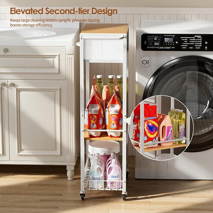 Lewondr 3-Tier Slim Storage Cart with Drawer, Rolling Utility Cart, White | Handle & Lockable Wheels, with Wood Top, Metal Frame, Kitchen Bathroom Laundry Room Organizer for Small Spaces - Image 3