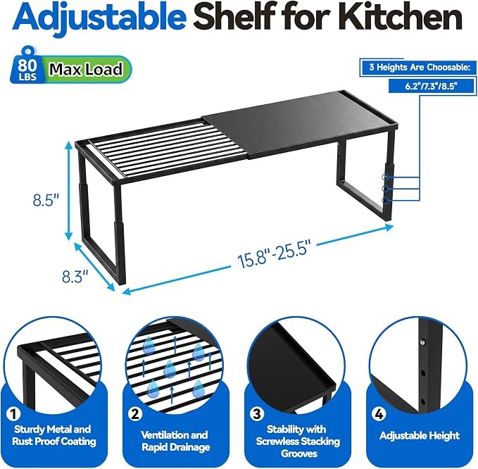 Expandable Cabinet Shelf Organizer, Stackable Countertop Shelves, Black | 15.8''- 25.5'' In Cabinet Shelf, Adjustable Kitchen Cabinet Organizer for Pantry Organizer, CupBoard Organizers and Storage - Image 7