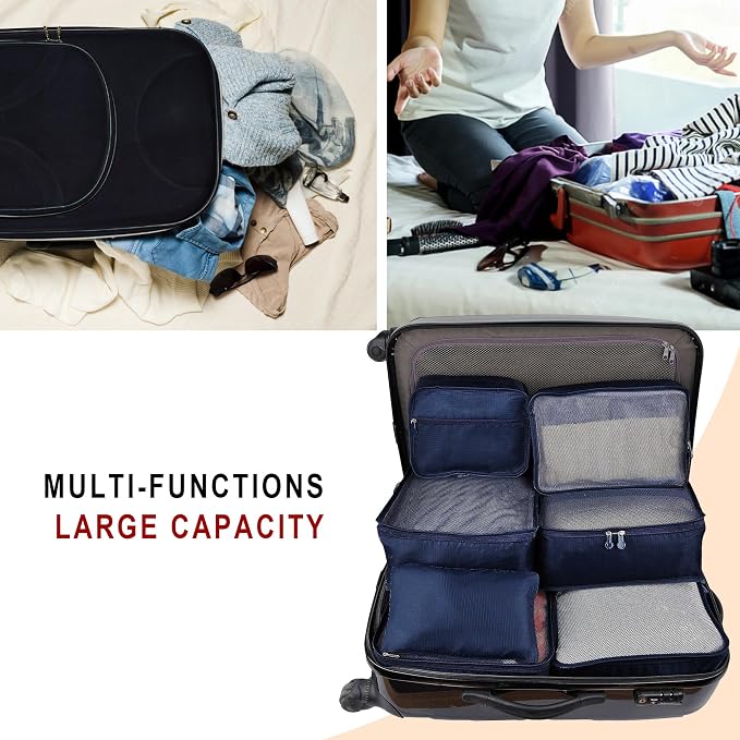 Vercord 7 Set Travel Packing Organizers Cubes Luggage Suitcase Organizer Bags Clothes Underwear Cube Shoe Pouch Pack Dark Blue - Image 6