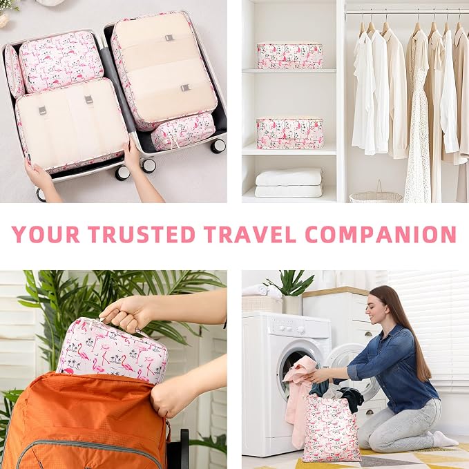 BAGAIL 8 Set Packing Cubes Luggage Packing Organizers for Travel Accessories-Pink Flamingo - Image 8