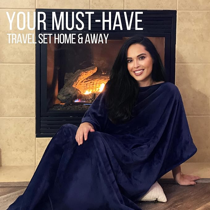Kululu Travel Blanket and Pillow Set, Airplane Blanket Compact 2-in-1 Combo Set, Flight Essentials Poncho with Pocket, Pouch & Luggage Backpack Strap | Travelers Gifts Accessories 62"x45" (Space Blue) - Image 5