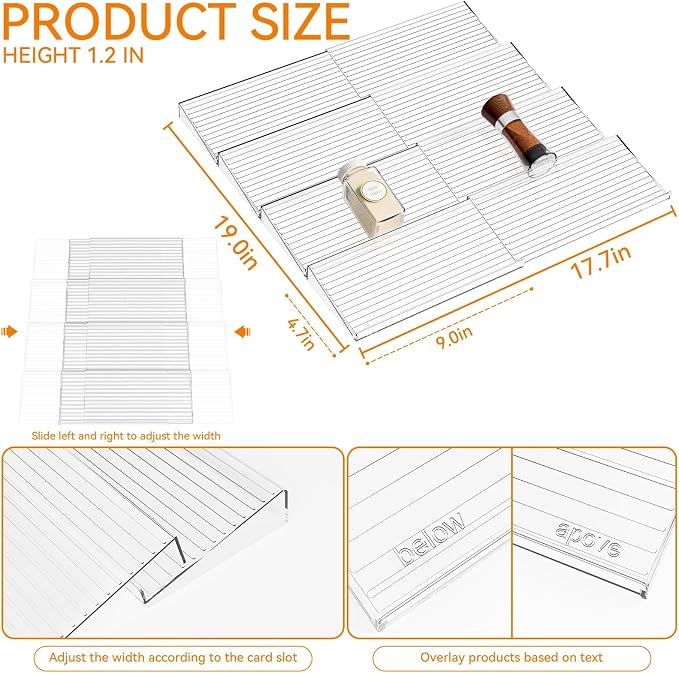 8 Pack Adjustable Narrow In Drawer Spice Organizer - Expandable From 9'' to 17.7'' - Acrylic Drawer Seasoning Organizer,Clear Spice Drawer Insert Tray for Drawers Condiment,Jar Organization - Image 3