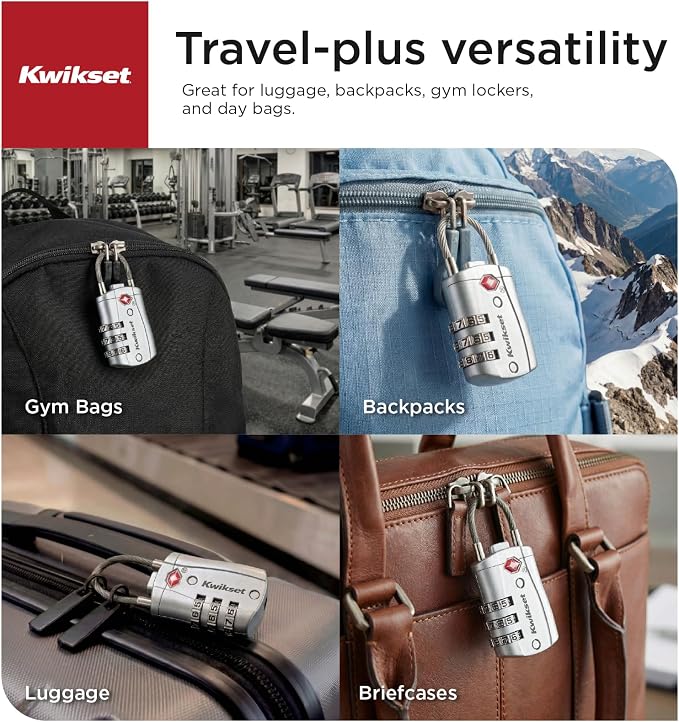 Kwikset TSA Approved Combination Luggage Lock with Cable, 2-Pack, Silver | Pair of Cable Locks Secure Suitcases, Duffels and Backpacks; Resettable Code, 1-3/16 in Body - Image 4