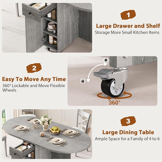 Jocoevol Round Folding Dining Table for 4, Space Saving Drop Leaf Kitchen Table with Storage Drawer, 6 Wheels Oval Gateleg Foldable Dining Table for Small Spaces(Grey 47 * 23.6 * 30) - Image 9