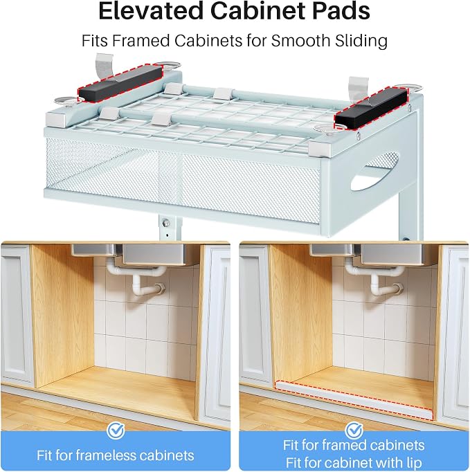 Under Sink Organizer, 2 Tier Pull Out Under Cabinet Organizer Shelf with Pad for Framed Cabinets, Metal Slide Out Under Sink Storage, Mesh Sliding Drawers for Kitchen Bathroom Laundry(Blue, 1 Pack) - Image 7