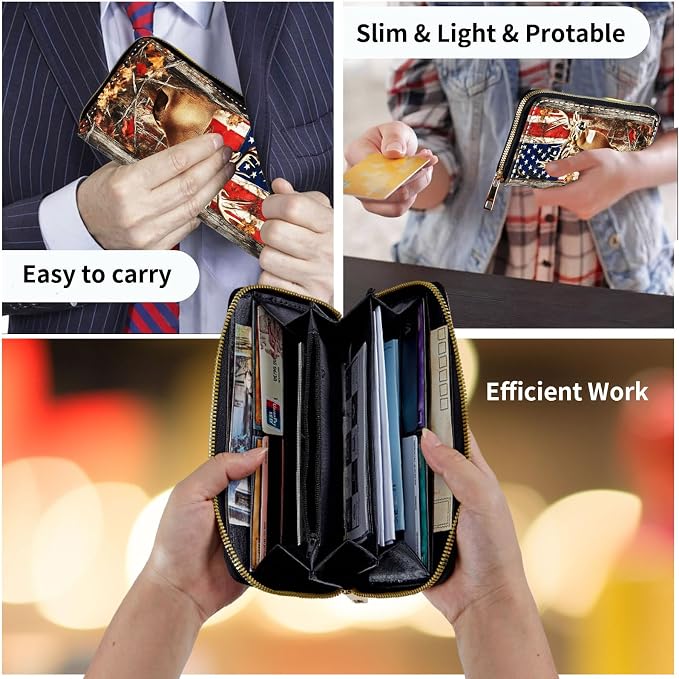 Wallet,Leather Long Wallet Suitable For Ladies And Teenagers - Detachable Wristband + RFID Travel Wallet With Card Slot - American Flag and Deer - Image 7