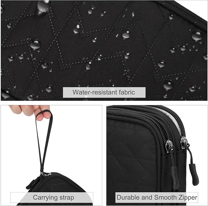 FYY Electronic Organizer, Travel Tech Pouch Bag, Medium, Black Quilted | Wrist Strap, Waterproof, Double Layers Portable Electronics Travel Carrying Case for Cord, Charger, Daily Business Trips Use - Image 4