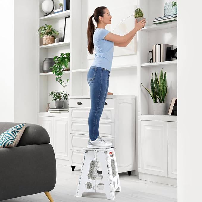 16 Inch Folding Step Stool, Heavy Duty, 400 lbs, White | Lightweight Collapsible Stepping Stool for Adults with Handle, Non-Slip, for Kitchen, Bathroom, Bedroom and Outdoor Use - Image 5
