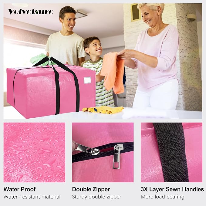 VELVETSURE 6 Pack Heavy Duty Large Moving Bags W/Backpack Straps - Strong Handles & Zippers, Storage Totes For Space Saving, Fold Flat, Alternative to Moving Box and Storage Bin, Pink - Image 3