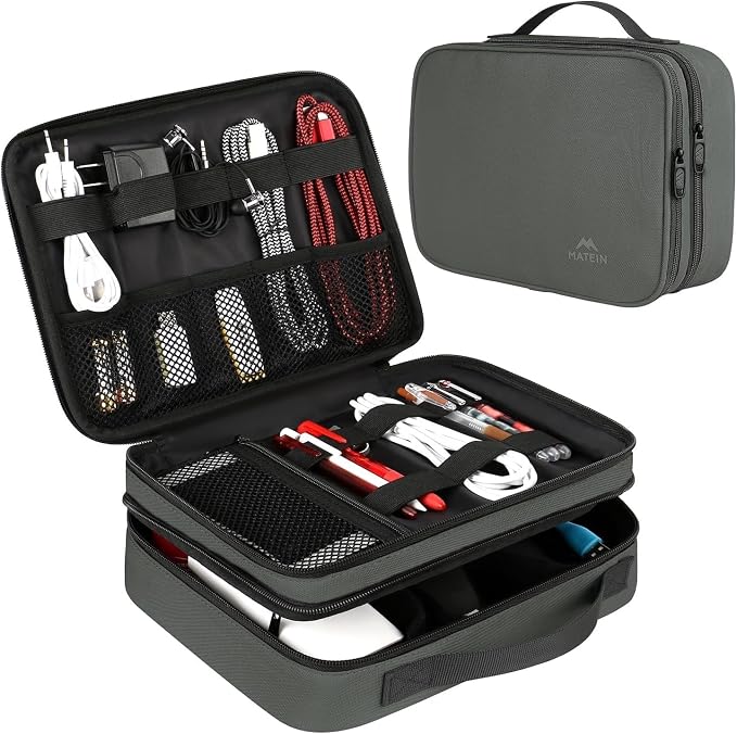 MATEIN Travel Electronics Organizer Case, Large Cable Storage Bag, Grey | Water Resistant, Carrying Case with Handle, Tech Organizer for Tablet (Up to 12.9inch), USB Charger, Clipper by MATEIN