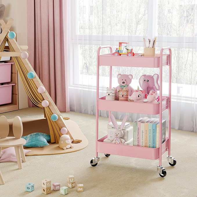 TOOLF 3 Tier Metal Rolling Cart, Utility Storage Cart with Wheels, Pink | Screwless Assembly, Lockable Metal Wheels, Trolley Organizer for Bathroom, Kitchen, Office, Dorm, Laundry, Craft Room - Image 6