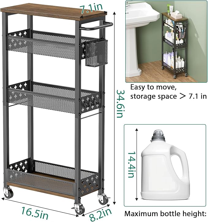 XYZLVSI Slim Storage Cart, 4 Tier Laundry Room Organizer for Small Space | Narrow shelf 14.4" bottom shelf, wire basket, hooks, ideal for kitchen/bathroom/office/dorm, between washer and dryer storage - Image 4