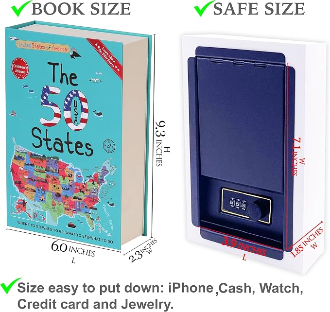 50 States Atlas Book Safe with Real Pages, Student Secret Compartment Items Storage Box with Classic Key Lock, Decorative Hidden Stash Box, Family Allowance Coin Bank, 9.3"x6.0"x2.3" - Image 8