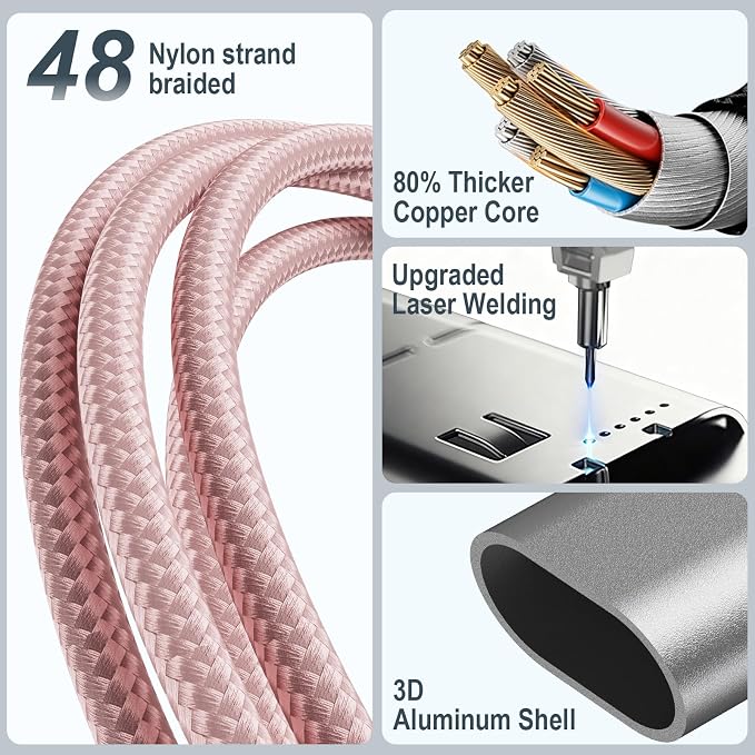 Travel Essentials,Multi Charging Cable for Apple Watch iPhone Charger Pink | 4FT for Airplane Gadgets RV Essentials for iWatch Ultra/10-2/iPhone 17-11/Samsung S25-S20,airPods,Car - Image 7