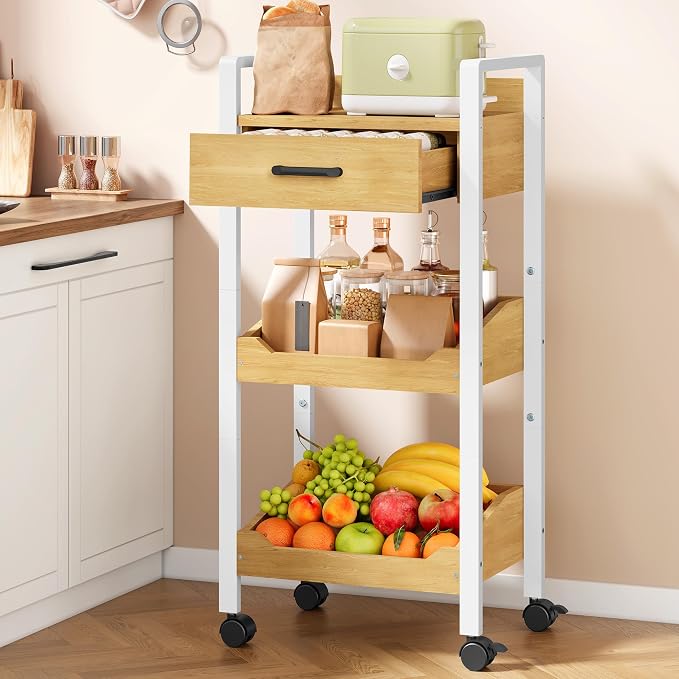 Hoctieon 3-Tier Rolling Storage Cart with Drawer, Rolling Utility Cart Organizer, Mobile Shelving Unit with Wheels, Metal Frame, Kitchen Utility Cart for Small Space, Office, Bathroom, Oak Beige by Hoctieon